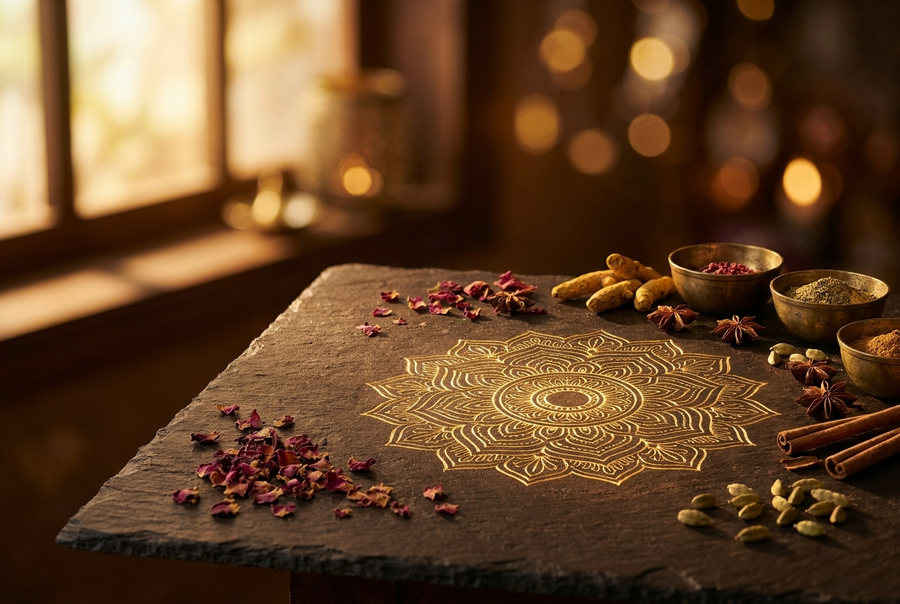 Gold Ayurvedic mandala engraved on dark slate with botanicals