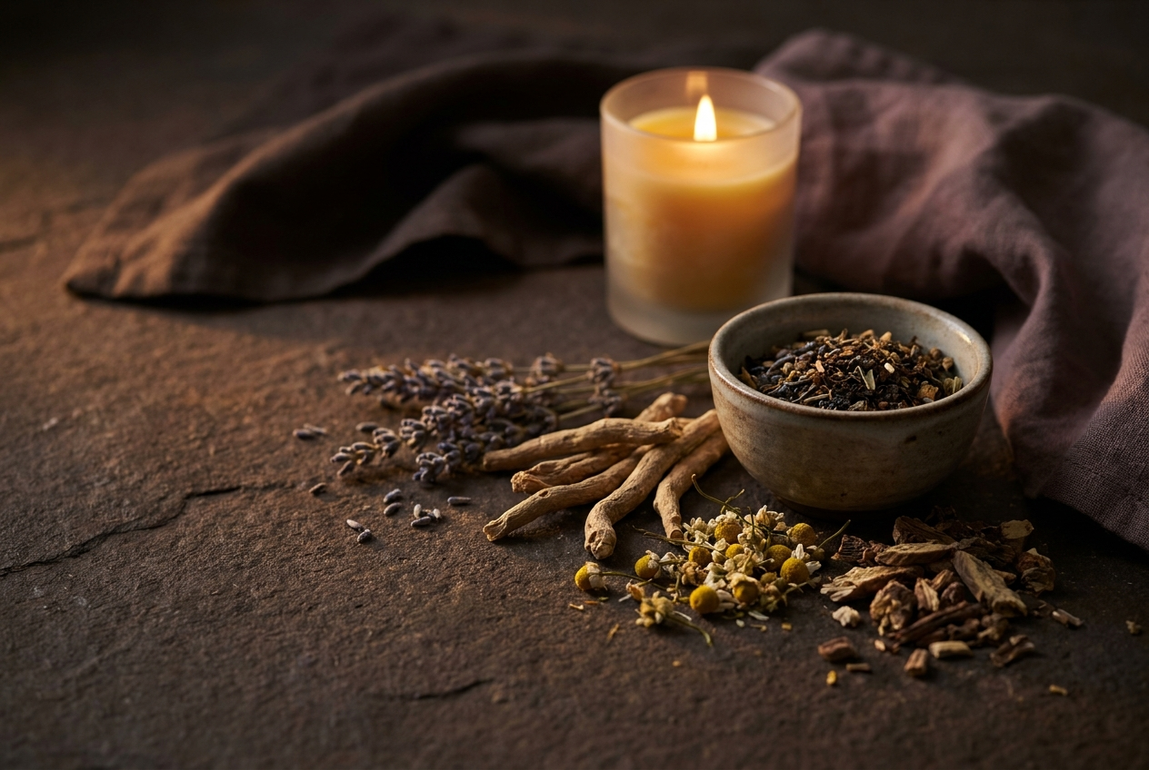 Candle, ashwagandha root and calming botanicals in warm evening light
