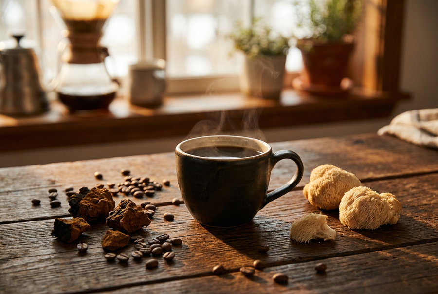 Cup of mushroom coffee with lions mane and chaga in morning light