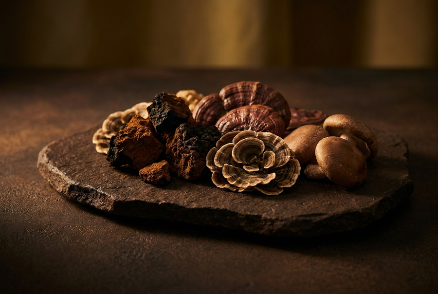 Functional mushrooms chaga reishi turkey tail on slate with gold light