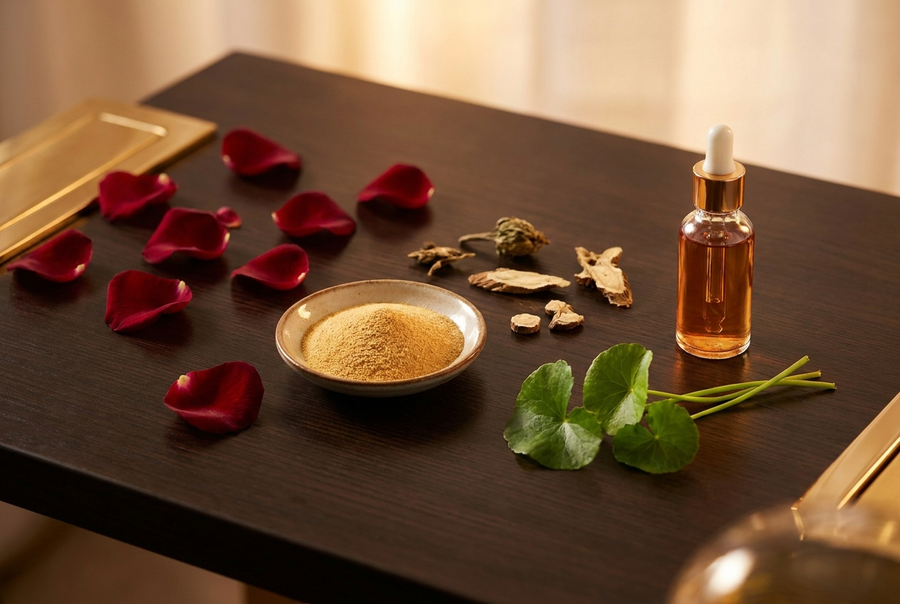 Collagen powder, rose petals, serum dropper and gotu kola on a warm espresso surface